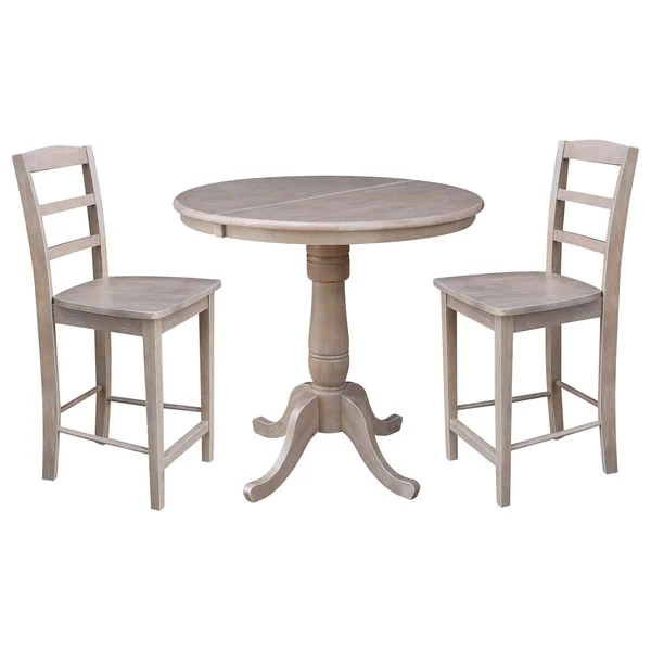 International Concepts 36x22 Round Extension Dining Table 34.9x22H with 2 Madrid Counter Height Stools, Washed Gray Taupe