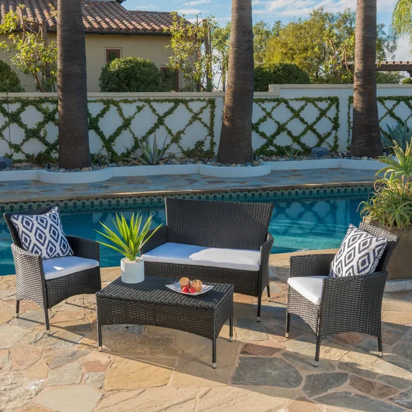Mina Outdoor 4 Piece Wicker Chat Set with Water Resistant Cushions - Multibrown, Beige