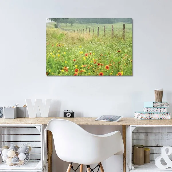 Flowers Along A Fence Canvas Artwork Print by Karin Connolly ( scenic & landscapes > Country > countrysides art)