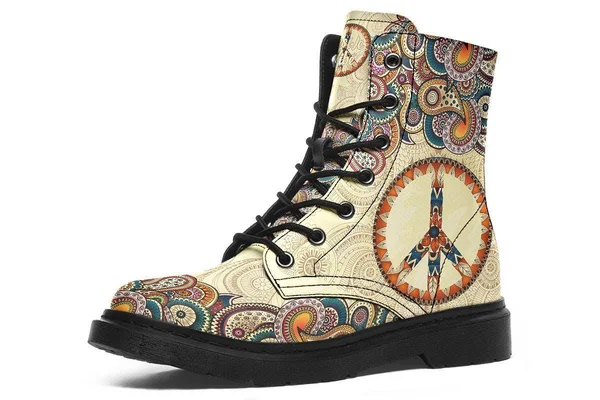 Tan Peace Mandala Boots, Peace Sign Boots, YesWeVibe Women's Boots, Black Sole, US 8, EU39.5