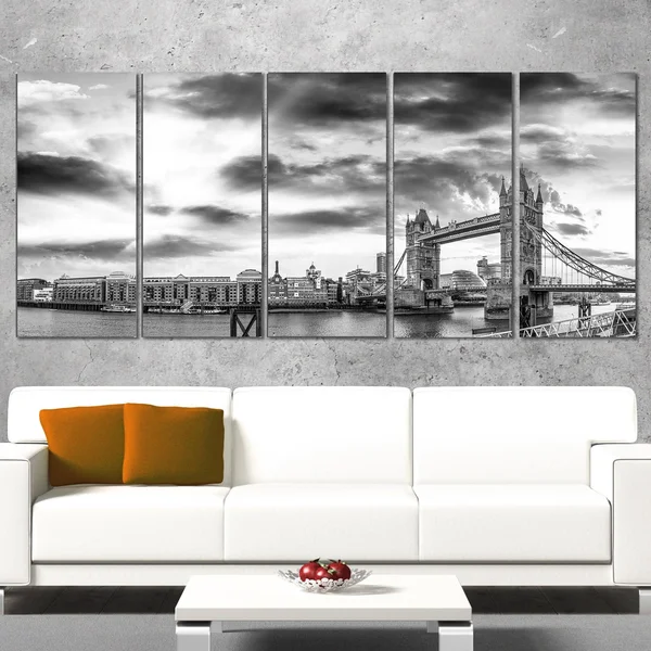 Design Art Black and White View of London Panorama - Cityscape Canvas Print, 60 in. Wide x 28 in. High - 5 Equal Panels