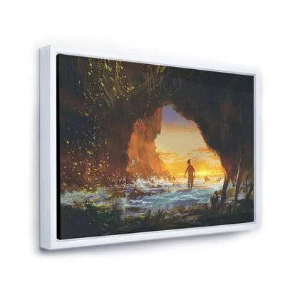 The Man Walking in The Sea Cave at Sunset - Painting on Canvas East Urban Home Format: White Floater Frame - Size: 16x22 H x 32x2