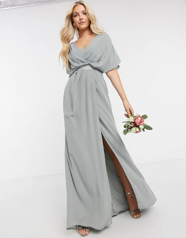 ASOS Design Bridesmaid Short Sleeved Cowl Front Maxi Dress with Button Back Detail in olive-Green