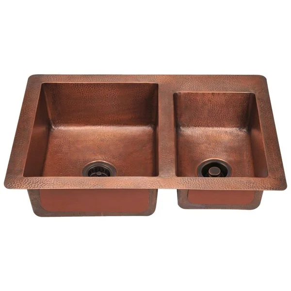 Mr Direct 901 Offset Double Bowl Copper Sink Ensemble Strainers
