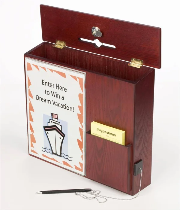 Displays2go Wood Wall-Mounting Suggestion Box, Ballot Box with Locking Lid, Pocket, Sign Holder and Pen - Red Mahogany, Size: 15