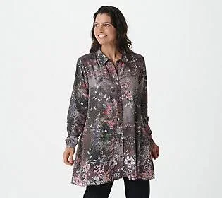 Tolani Collection Button Front Printed Tunic, Size Large, Ash