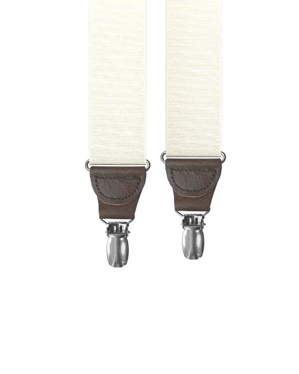 KK & Jay Supply Co. - Ivory Grosgrain Clip-On Suspenders Brown Leather with Gold Hardware