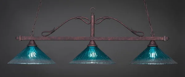 Toltec Lighting-823-BRZ-715-Scroll - Three Light Billiard Bronze Finish with Teal Crystal Glass