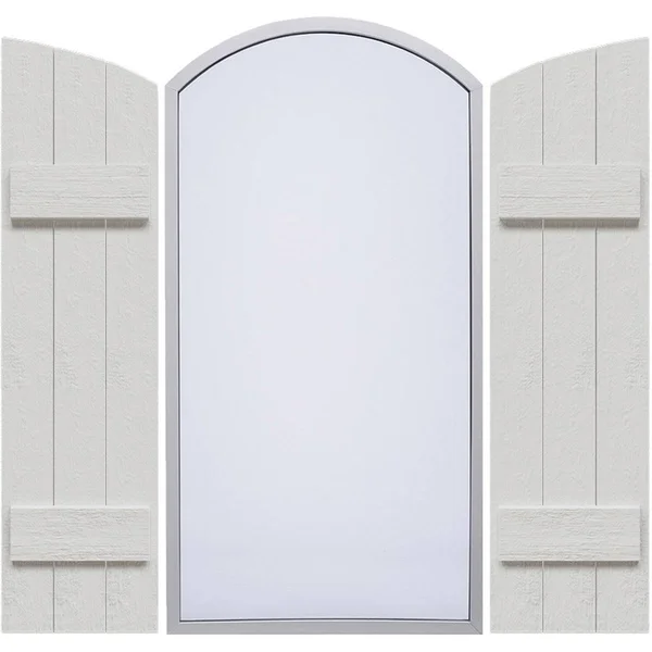 16 1/8x22W x 42x22H (36 1/2x22 Low Side) Rustic Three Board Joined Board-n-Batten Faux Wood Shutters w/Elliptical Arch Top (Per