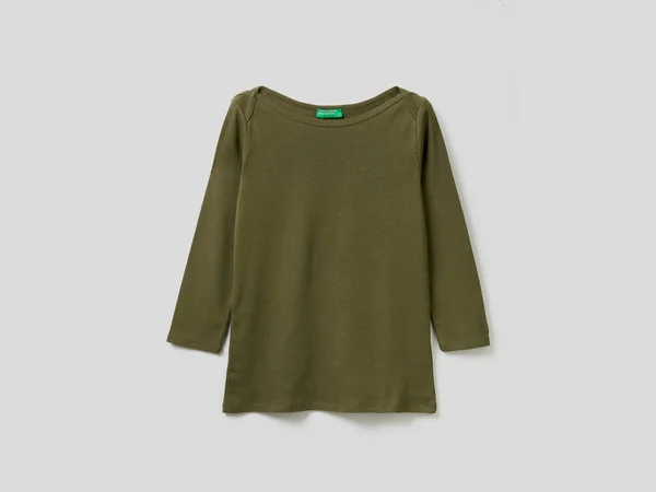 Benetton - T-Shirt with Boat Neck in 100% Cotton, Size XL, Military Green, Women