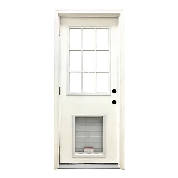Steves & Sons 36 in. x 80 in. Classic White Primed RHOS 9 Lite Clear Fiberglass Prehung Front Door w/ SL Pet Door