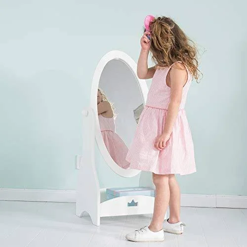 Jolie Vallae Toys & Home Crown Kids Wood Floor Standing Mirror Full Length White Oval Body Mirrors Dressing Mirror Swivel Wo