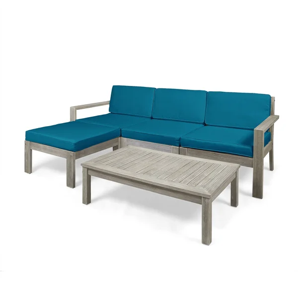Isabella Ana Outdoor 3 Seater Acacia Wood Sofa Sectional with Cushions (Wire Brushed Light Gray Wash - Dark Teal)