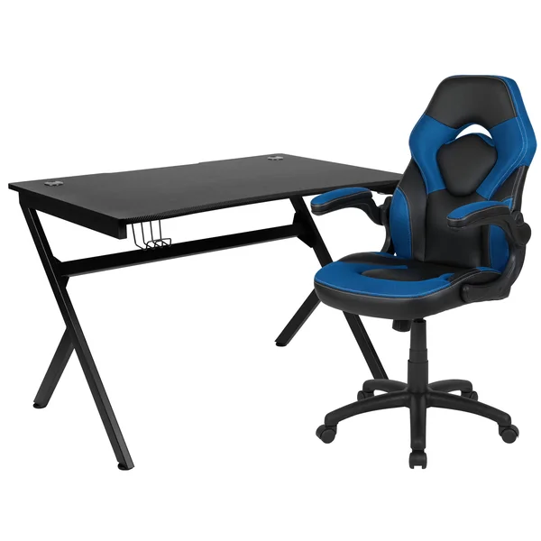 Flash Furniture Black Gaming Desk and Blue and Black Racing Chair Set with Cup Holder, Headphone Hook & 2 Wire Management Ho
