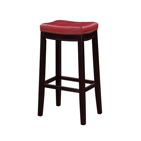 Benzara Wooden Bar Stool with Faux Leather Upholstery, Red and Brown - Red and Brown - 32 H x 18.8 W x 13 L Inches