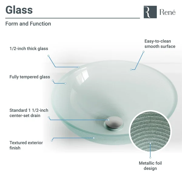 Rene R5-5034-R9-7003-C Foil Undertone Glass Vessel Sink with Chrome Vessel Faucet, Sink Ring, and Vessel Pop-Up Drain