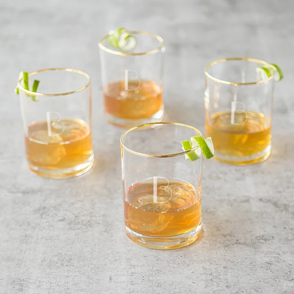Cathy&s Concepts Personalized Set of 4 Gold Rim Whiskey Glasses