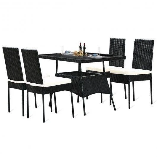 5 Pcs Outdaoor Patio Rattan Dining Set with Glass Top with Cushions