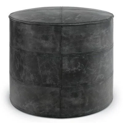 Evas 18x22 Wide Faux Leather Round Pouf Ottoman Foundry Select Fabric: Distressed Black