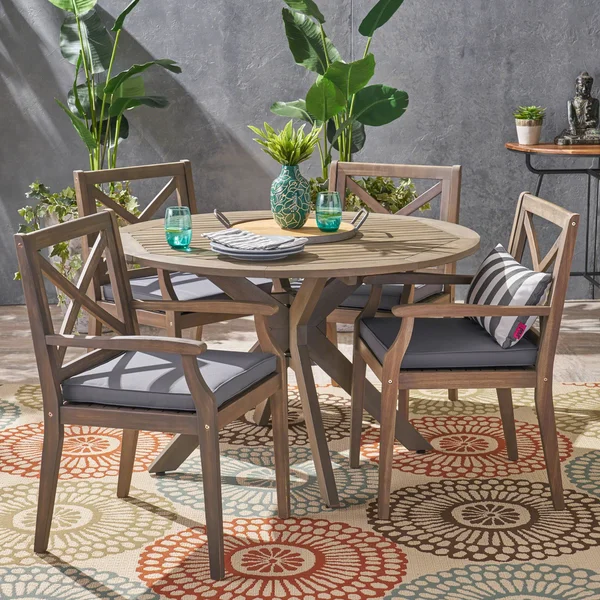 Jordan Outdoor 5 Piece Acacia Wood Dining Set Gray, Dark Gray