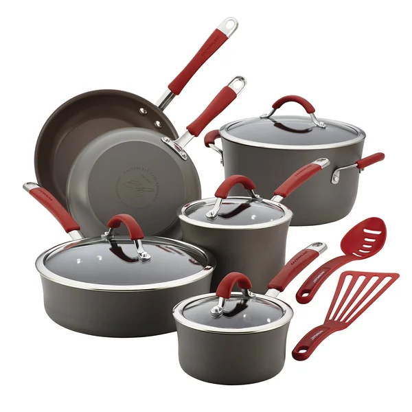 Rachael Ray Cucina Hard-Anodized Nonstick 12-Piece Cookware Set - Gray with Cranberry Red Handles