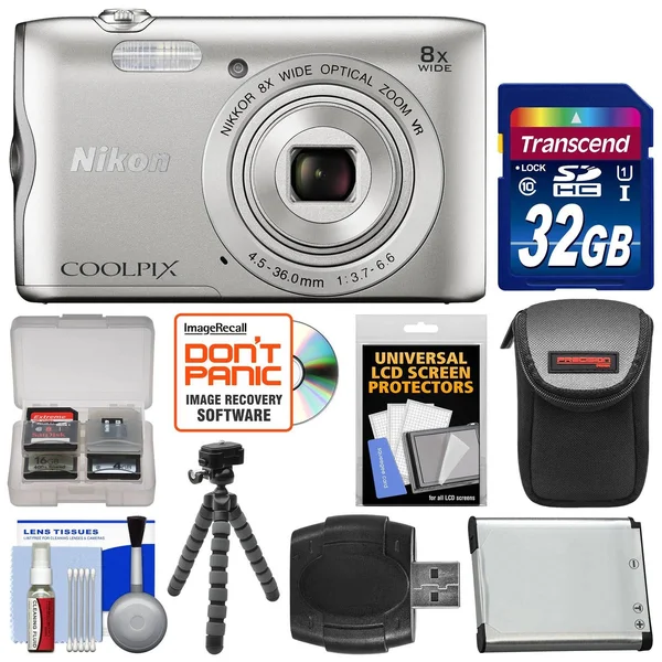Nikon Coolpix A300 Wi-Fi Digital Camera (Silver) with 32GB Card + Case + Battery + Flex Tripod Deluxe Bundle 26519-96420-Kit