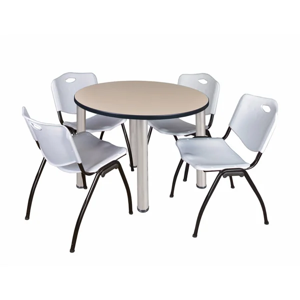 Regency Kee 42x22 Round Breakroom Table- Beige/ Chrome & 4 &M& Stack Chairs- Burgundy