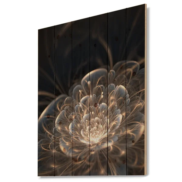 Designart &Fractal Flower with Golden Rays& Floral Art Print on Natural Pine Wood - Gold - 30 in. Wide x 40 in. High