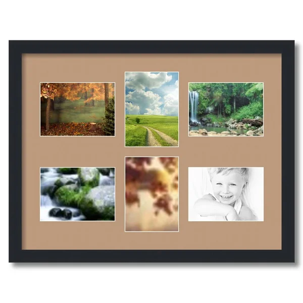 Collage Picture Frame, Satin Black Frame with 6 openings for 5x7 Photos with Brown Desert Sand Mat. D3926DZ473, ArtToFrames