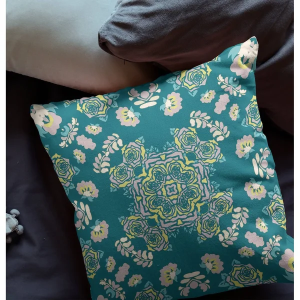 Rose Wreath Broadcloth Indoor Outdoor Pillow, Zippered, Greenyellow