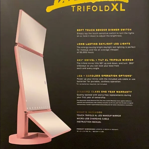 Impressions Vanity Company Touch Trifold XL Rose Gold Makeup Mirror.