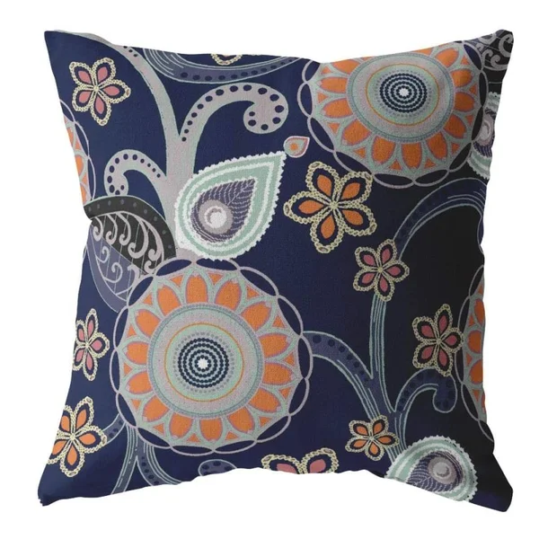 Flower Circles Suede Pillow Orange Light Green Gray on Indigo 20x22
