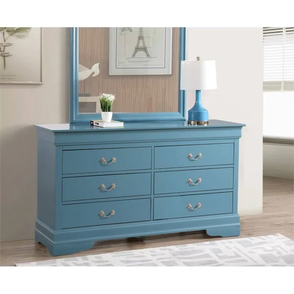 Glory Furniture Louis Phillipe 6 Drawer Dresser in Teal - G3180-D