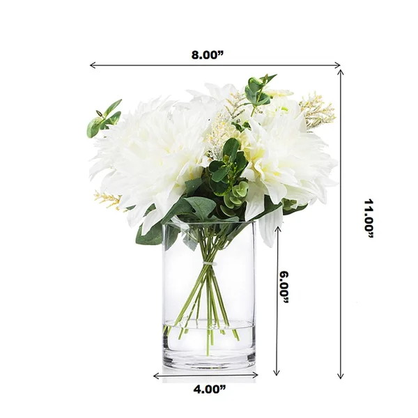 Enova Home Mixed Artificial Dahlia Flower and Eucalyptus Grass Arrangement in Clear Glass Vase with Faux Water (Blue)