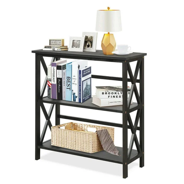 3-Tier Wooden Open Shelf Bookcase with X-Design-Black