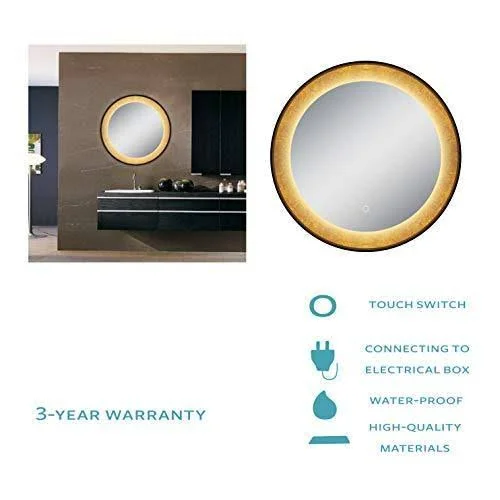 Dreamwerks 30 x 30 inch Round Wall-Mounted LED Vanity/Bathroom Mirror with Touch Switch - IP44 Waterproofing, and A Gold Frame