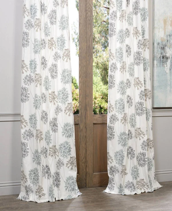 Allium Blue Gray Printed Cotton Curtain