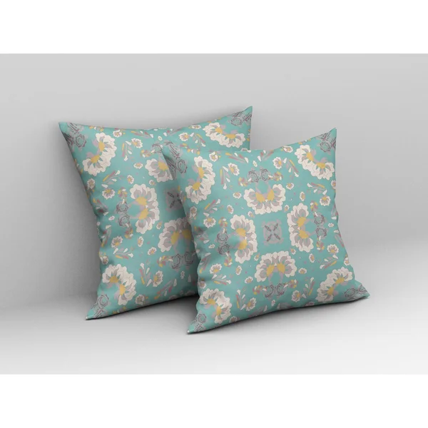 Divine Flowers Suede Blown & Closed Pillow w/ Insert in Green & White 20x22x20x22