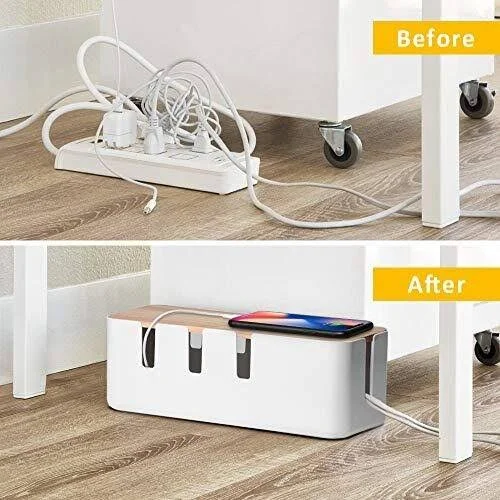 Cable Management Box by Baskiss, 12x5x4.5 Inches, Wood Lid, Cord Organizer for Desk TV Computer USB Hub System to Cover and Hide