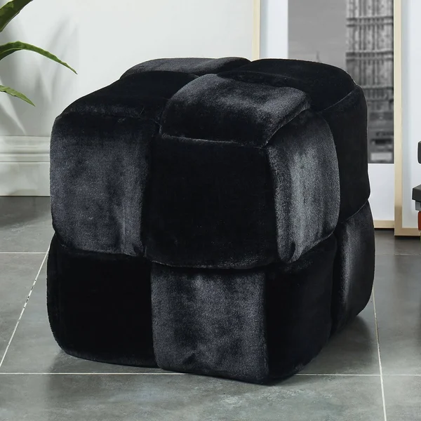Benjara Velvet Upholstered Ottoman with Interlaced Design - Black