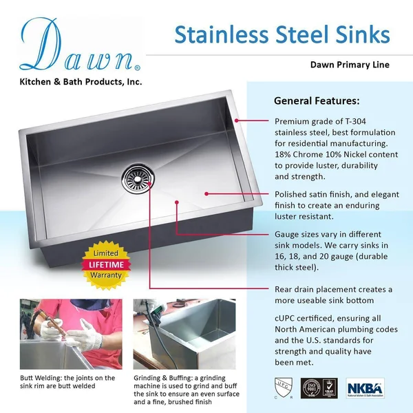 Dawn ASU105 Undermount Cresent Single Bowl Sink
