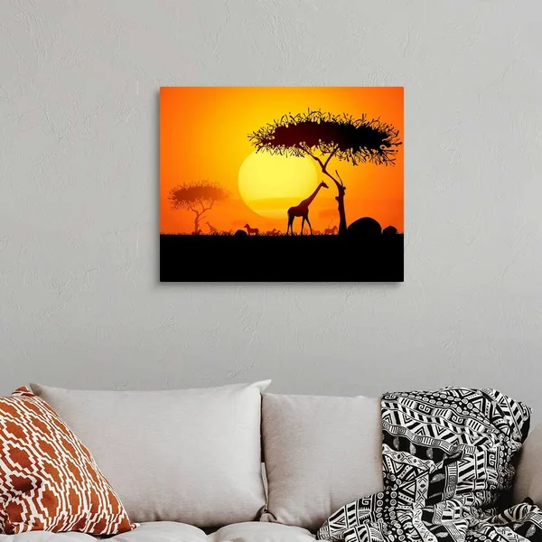 Sunset in Africa - with Silhouetted Animals and Trees, Large Solid-Faced Canvas Wall Art Print, Great Big Canvas