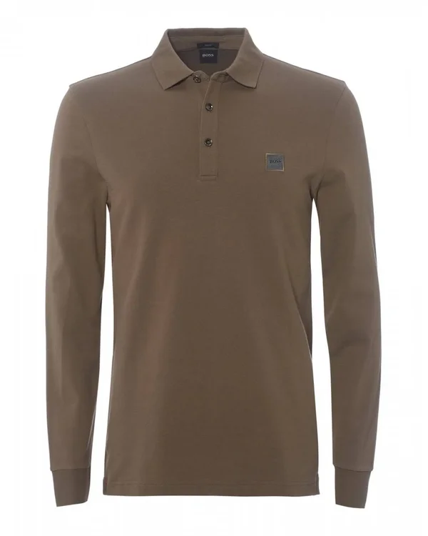 Boss Mens Passerby Beige Long Sleeved Polo Shirt