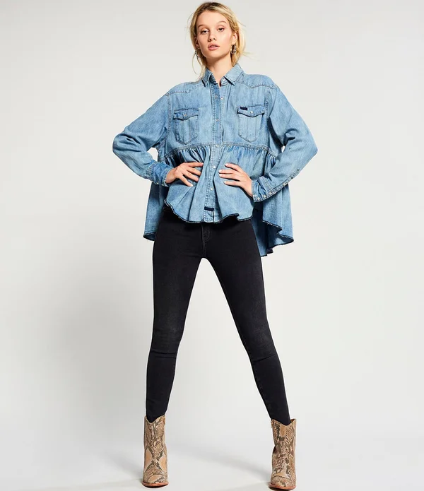 Free People Dylan Babydoll Snap Front Chambray Frayed Hem Blouse - Womens, L, Chambray