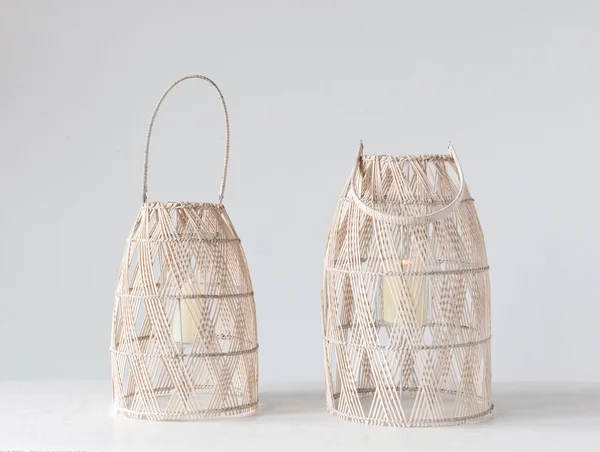 3R Studios Woven Bamboo Lantern with Glass Insert and Handle - Set of 2