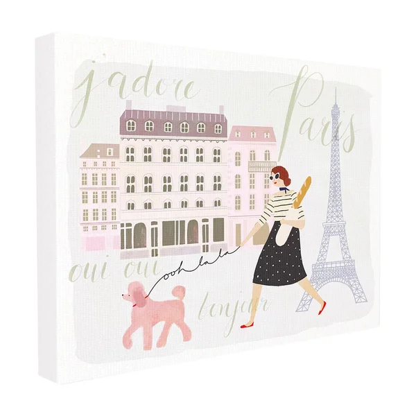 The Stupell Home Decor Collection Eiffel Tower Scene Paris Girl Walking Her Dog with Typography XXL Stretched Canvas Wall Art, 3