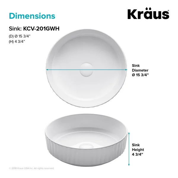 Kraus KCV-201GWH Viva 15 3/4 inch White Round Porcelain Ceramic Vessel Bathroom Sink