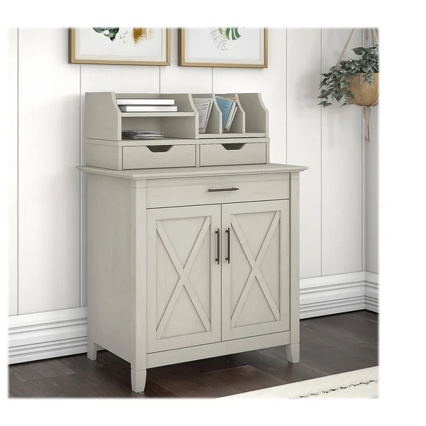 Bush Furniture Key West Secretary Desk with Storage and Desktop Organizers, Linen White Oak