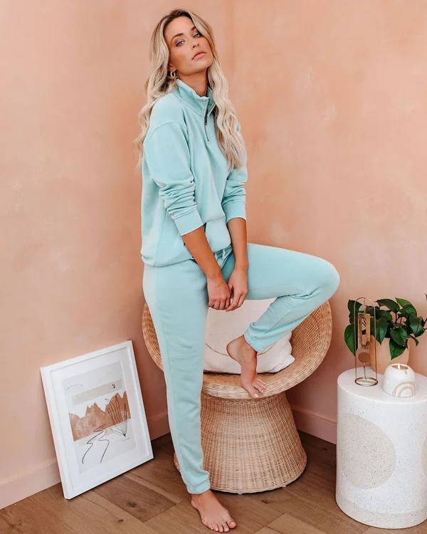 Dreamcatcher Cotton Blend Half Zip Pullover - Malibu Mint Medium
