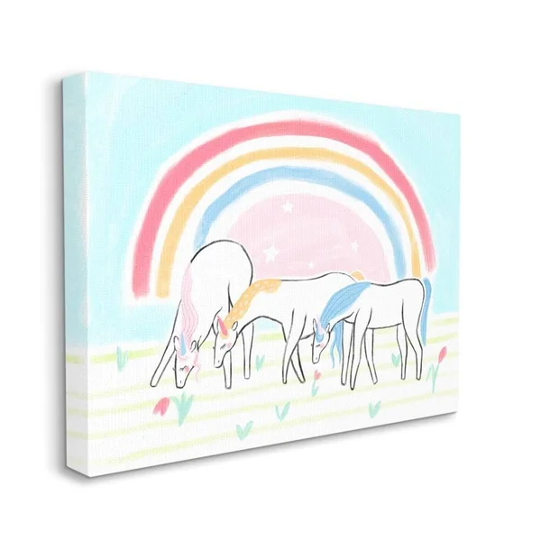 Stupell Industries Unicorns Grazing Rainbow Floral Field Kid's Illustration Canvas Wall Art Design by Daphne Polselli - 36 inch x